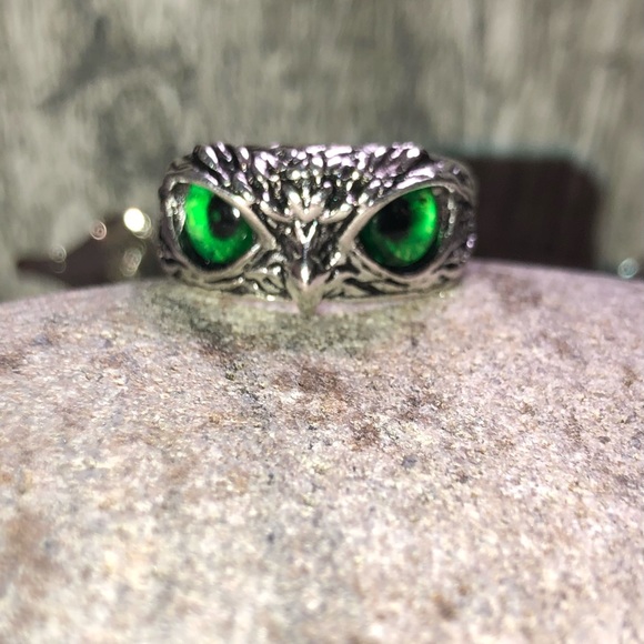 Antique Silver Green Eye Owl ring adjustable nice 925S stamped hallmarked - Picture 6 of 6